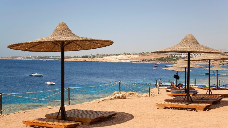 Beach with sunbeds at Siva Sharm Resort and Spa